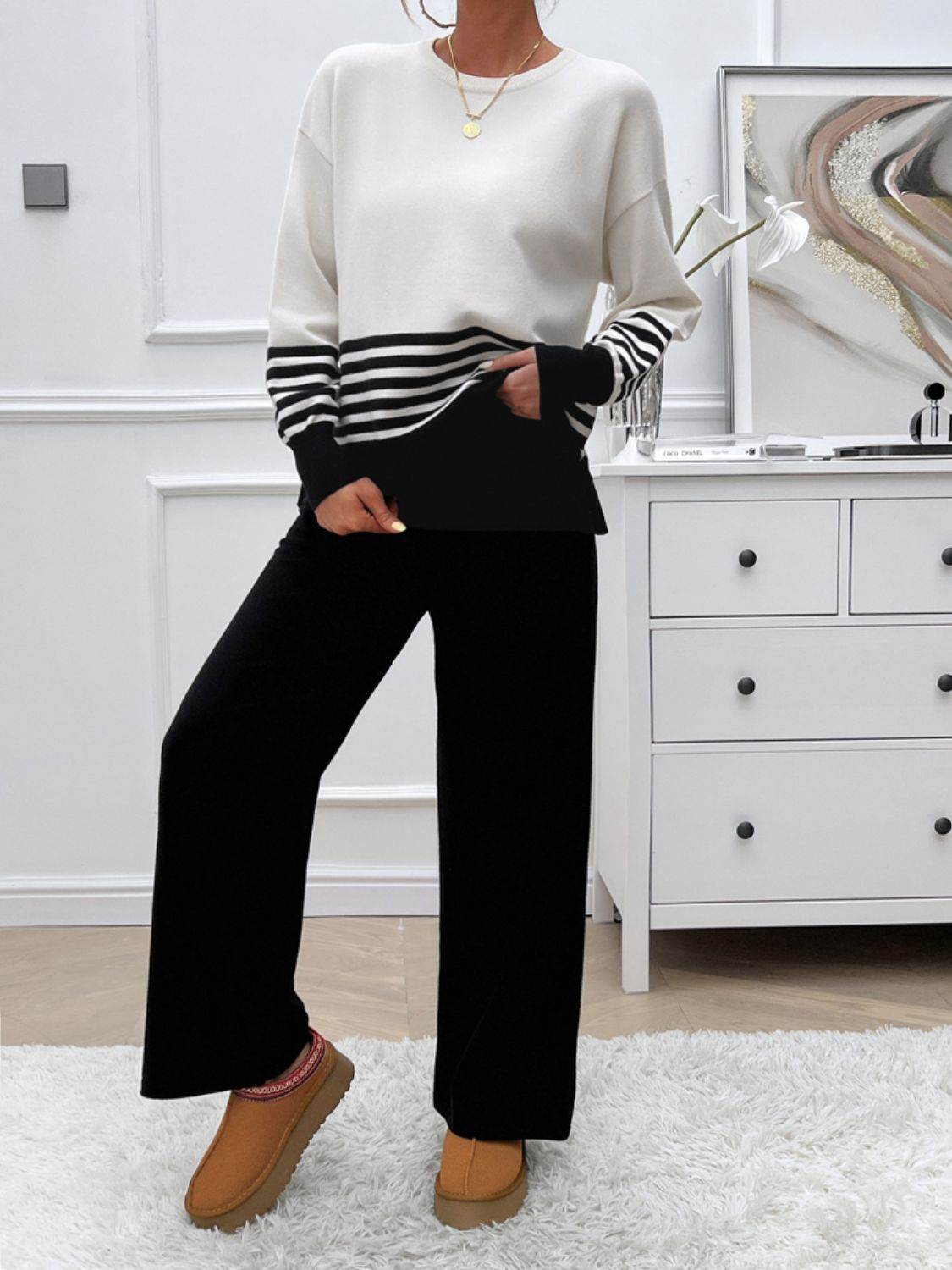 Devine Slit Striped Round Neck Top and Pants Sweater Set - Delanoir