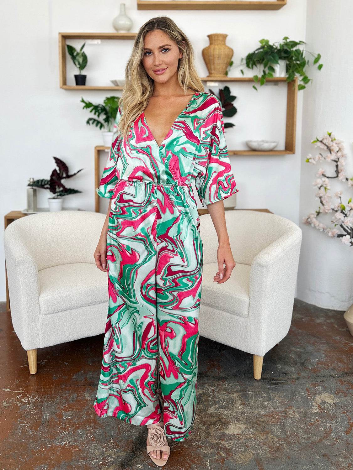 Double Take Full Size Half Sleeve Wide Leg Jumpsuit - Delanoir