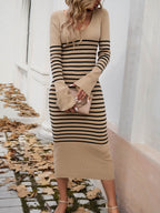 Devine Striped V-Neck Long Sleeve Sweater Dress - Delanoir