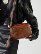 Tassel PU Leather Printed Strap Cassette Crossbody Bag - Delanoir