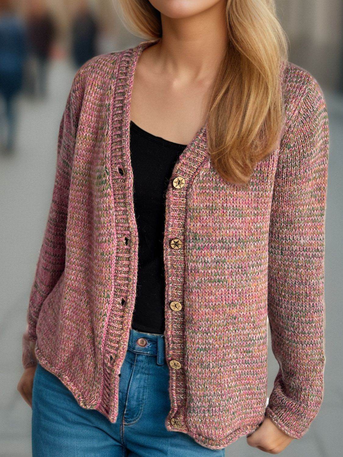 Heathered V-Neck Long Sleeve Cardigan - Delanoir