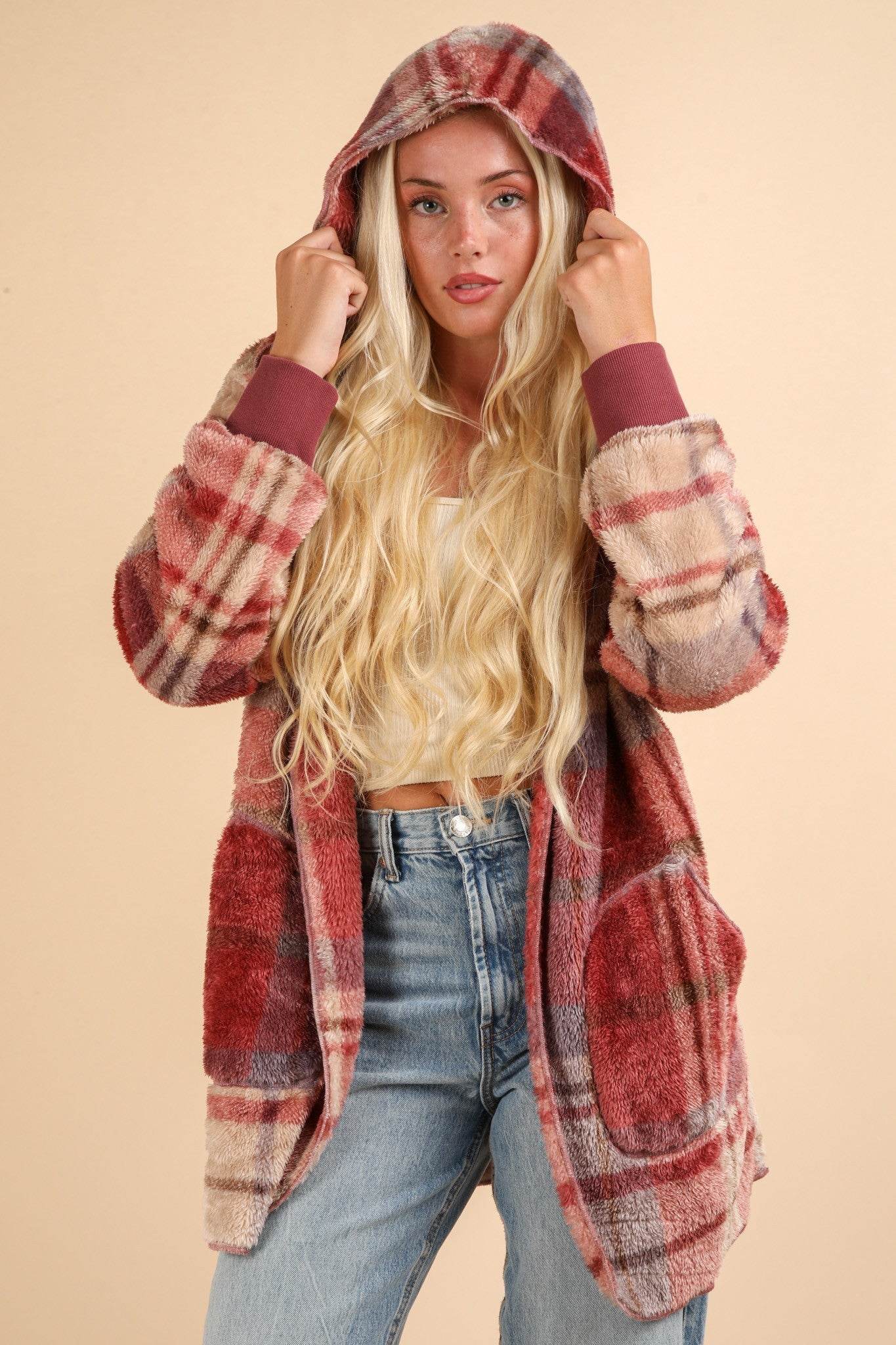 VERY J Fuzzy Plaid Long Sleeve Hooded Jacket - Delanoir