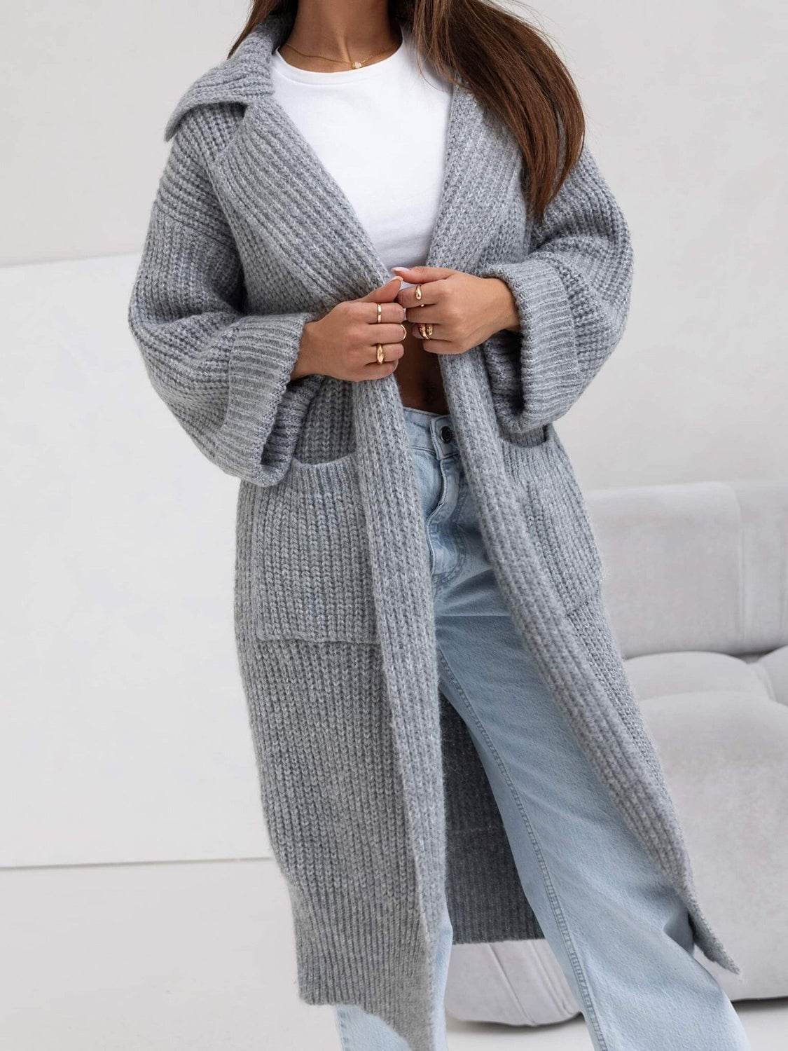 Pocketed Collared Neck Dropped Shoulder Cardigan - Delanoir