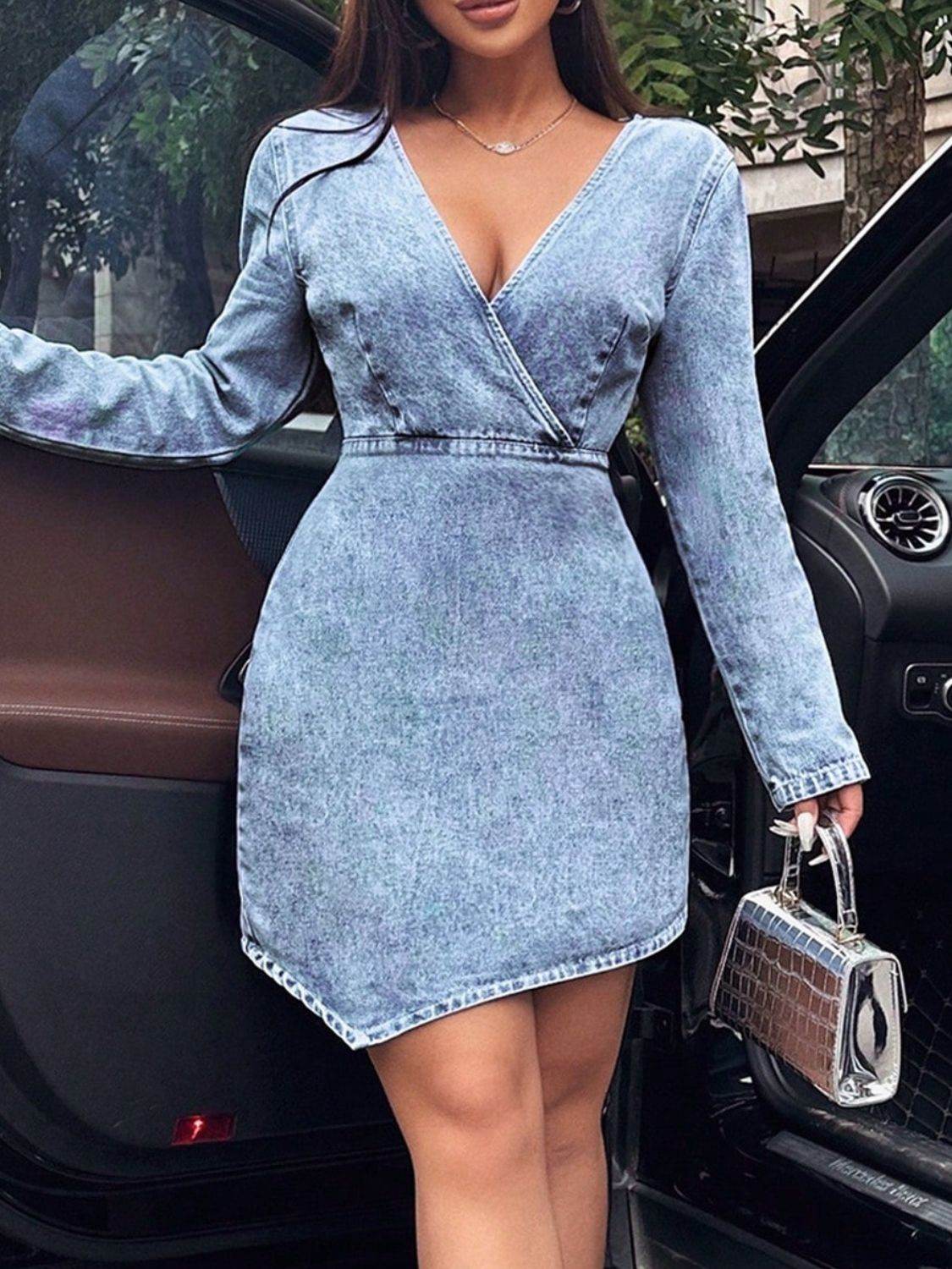 Surplice Long Sleeve Denim Dress - Delanoir