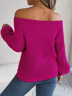 Openwork Off-Shoulder Long Sleeve Sweater - Delanoir
