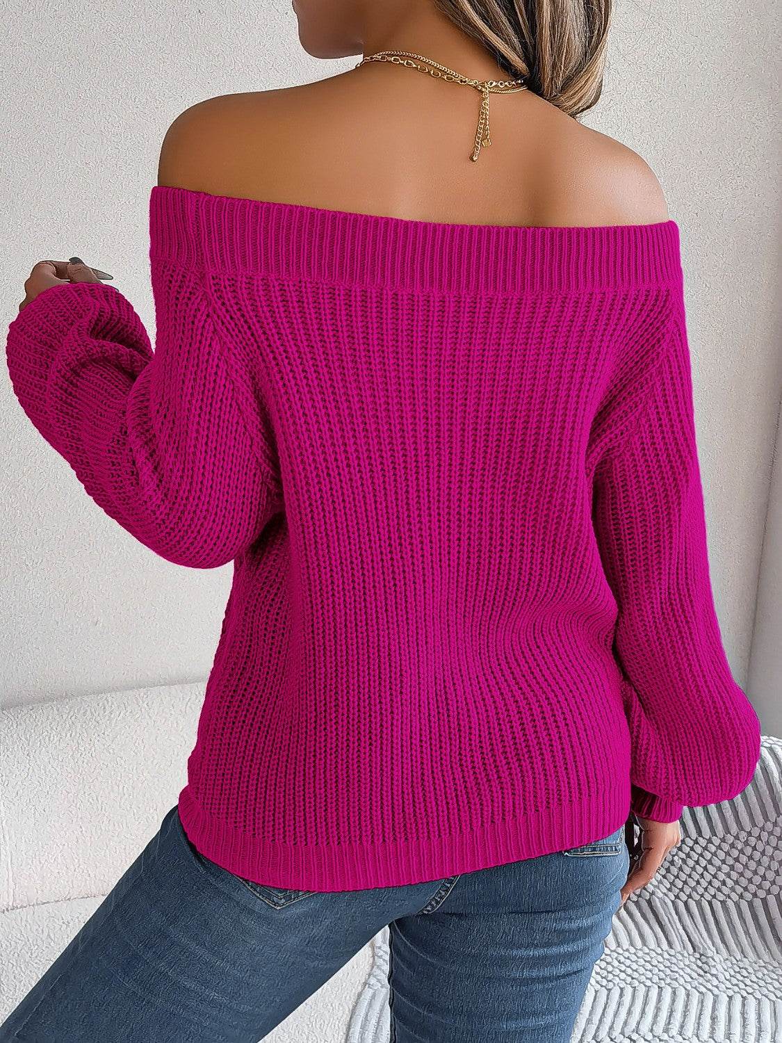 Openwork Off-Shoulder Long Sleeve Sweater - Delanoir