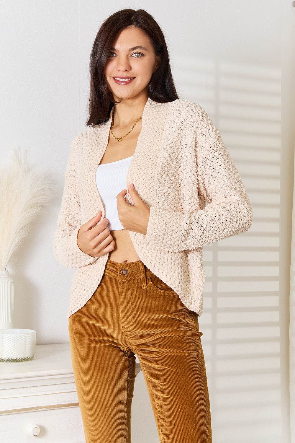 Double Take Open Front Long Sleeve Cardigan - Delanoir