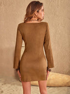 Fringe Lace Up Square Neck Long Sleeve Mini Dress - Delanoir