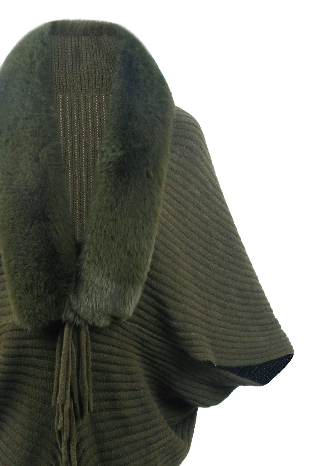 Fringe Detail Long Sleeve Ribbed Poncho - Delanoir