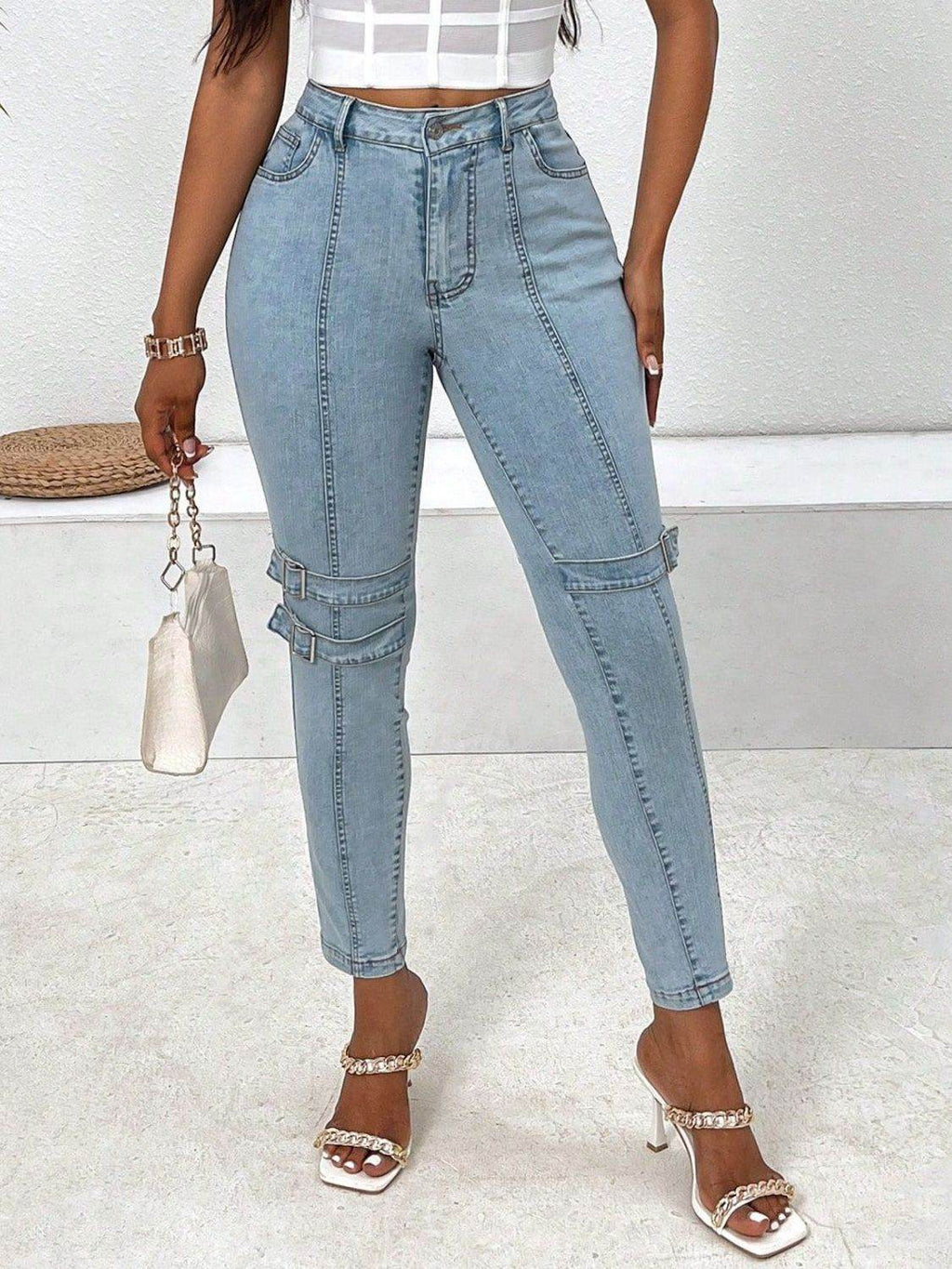 Decorative Buckle Skinny Jeans with Pockets - Delanoir