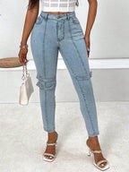 Decorative Buckle Skinny Jeans with Pockets - Delanoir