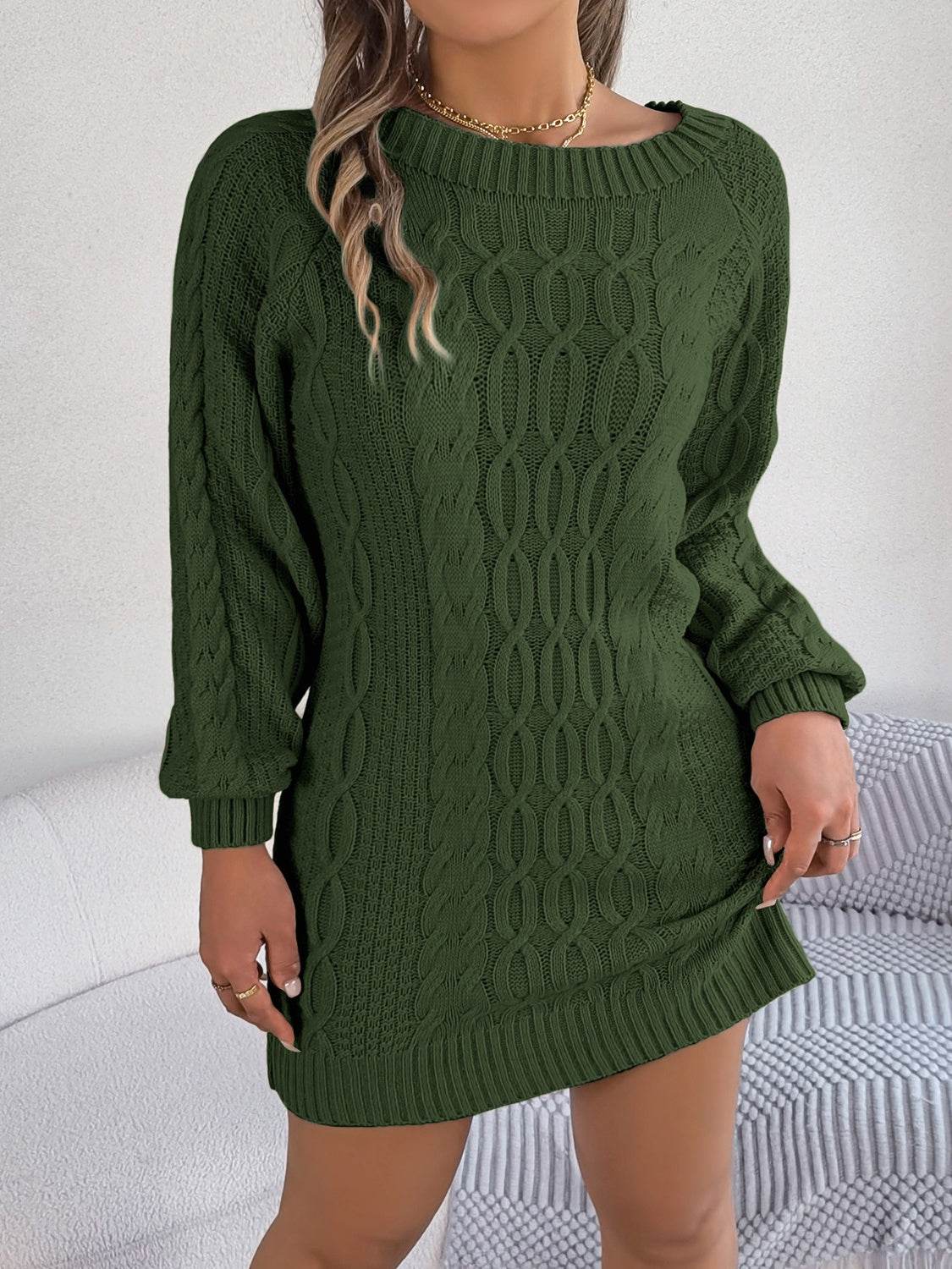 Cable-Knit Round Neck Sweater Dress - Delanoir