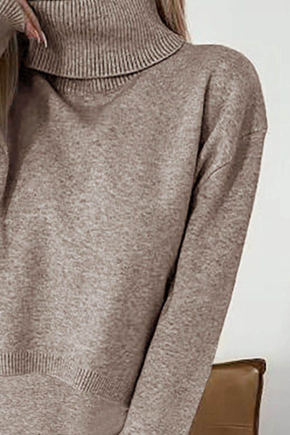 Turtleneck Dropped Shoulder Sweater and Midi Dress Sweater Set - Delanoir