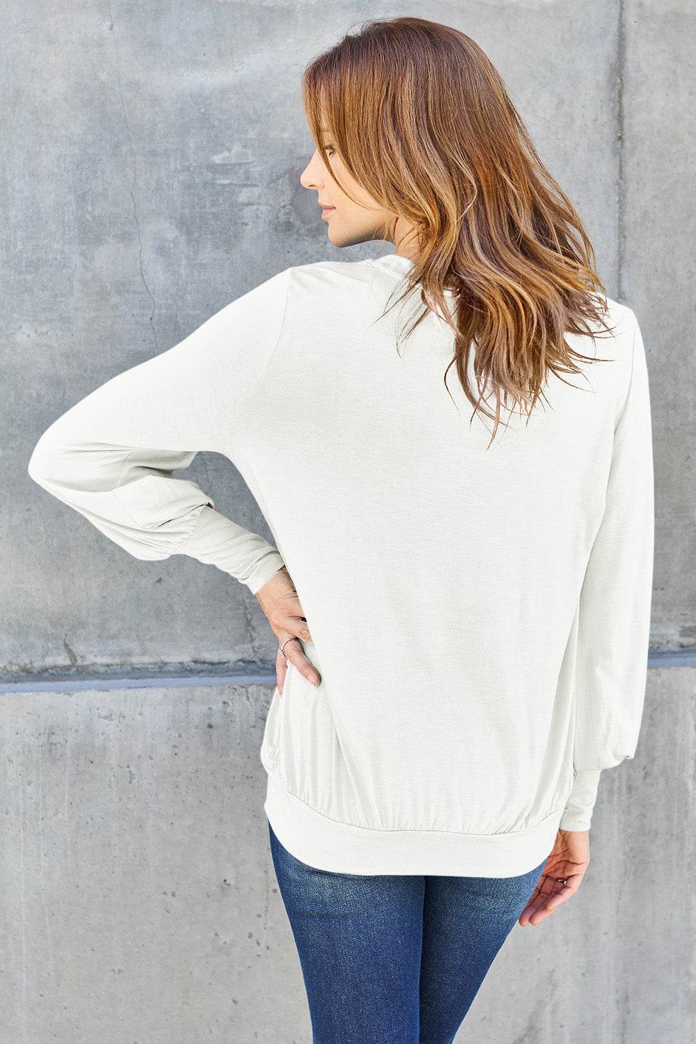 Basic Bae Full Size V-Neck Lantern Sleeve Top - Delanoir