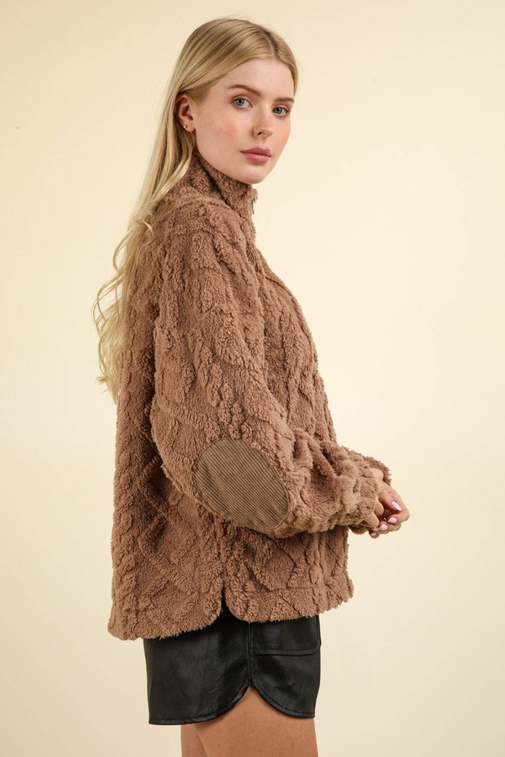 VERY J Fuzzy Fleece Half Zip Cable Pattern Sweatshirt - Delanoir