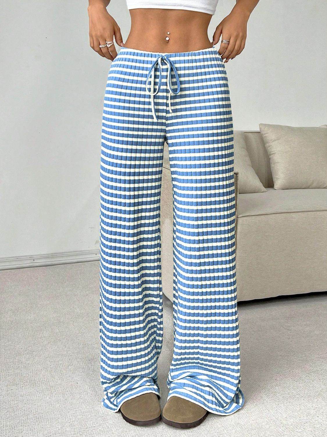 Tied Striped Wide Leg Pants - Delanoir