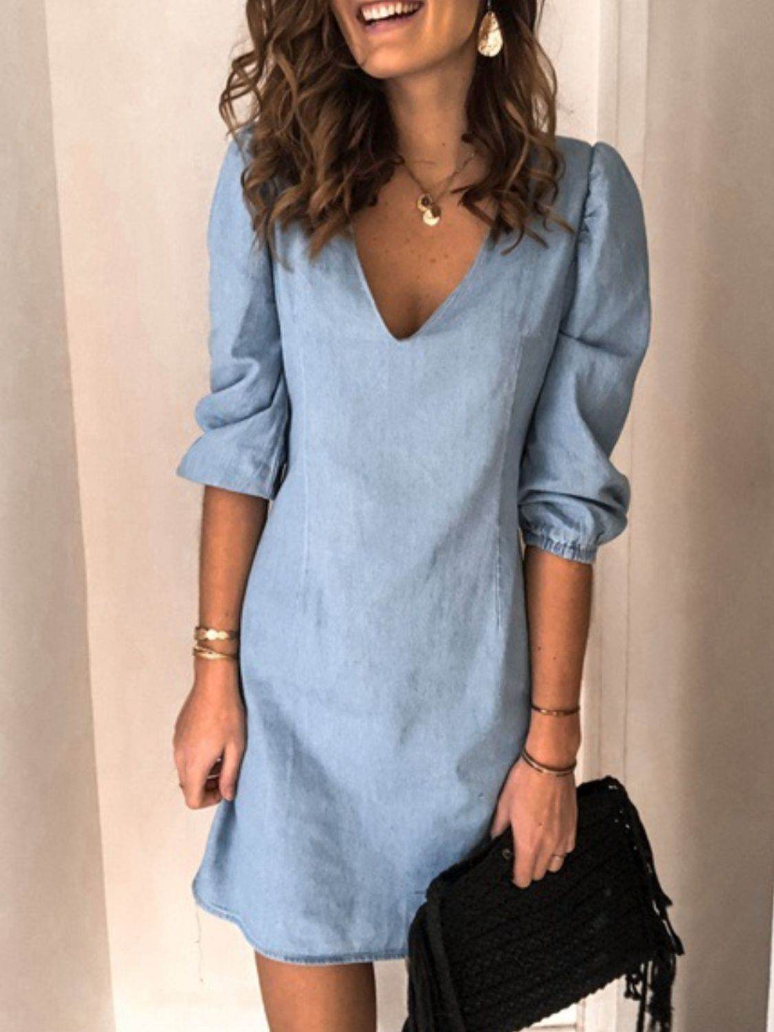 Full Size V-Neck Half Sleeve Dress - Delanoir