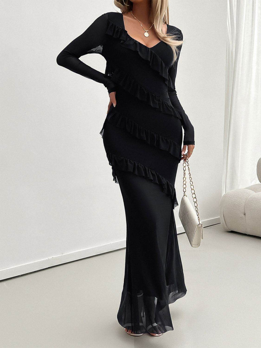 Devine Ruffled Surplice Long Sleeve Maxi Dress - Delanoir