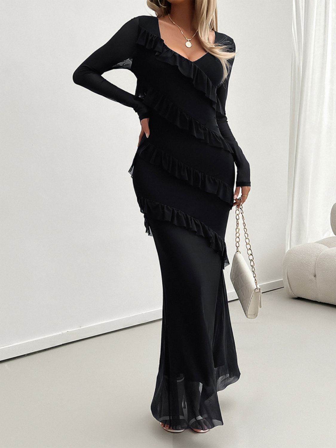 Devine Ruffled Surplice Long Sleeve Maxi Dress - Delanoir