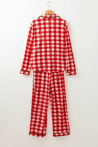 Plaid Collared Neck Long Sleeve Top and Pants Set - Delanoir