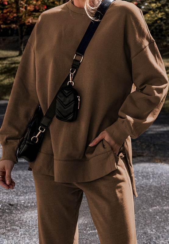 Side Slit Round Neck Long Sleeve Top and Pants Set - Delanoir