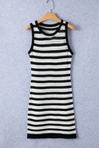 Openwork Striped Wide Strap Knit Dress - Delanoir