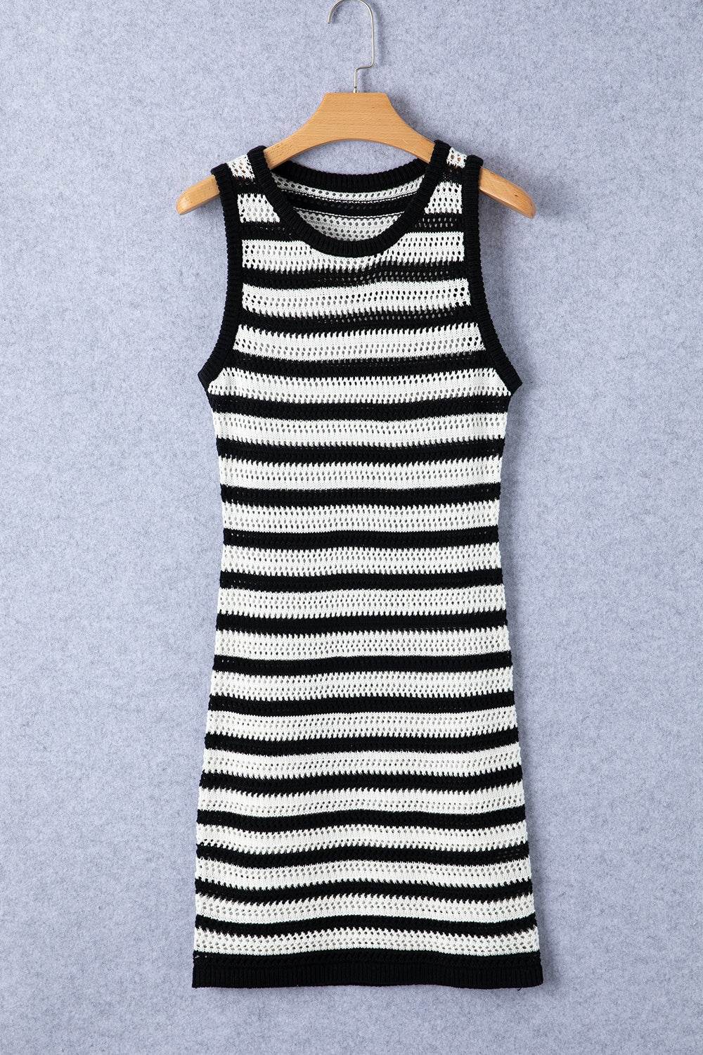 Openwork Striped Wide Strap Knit Dress - Delanoir