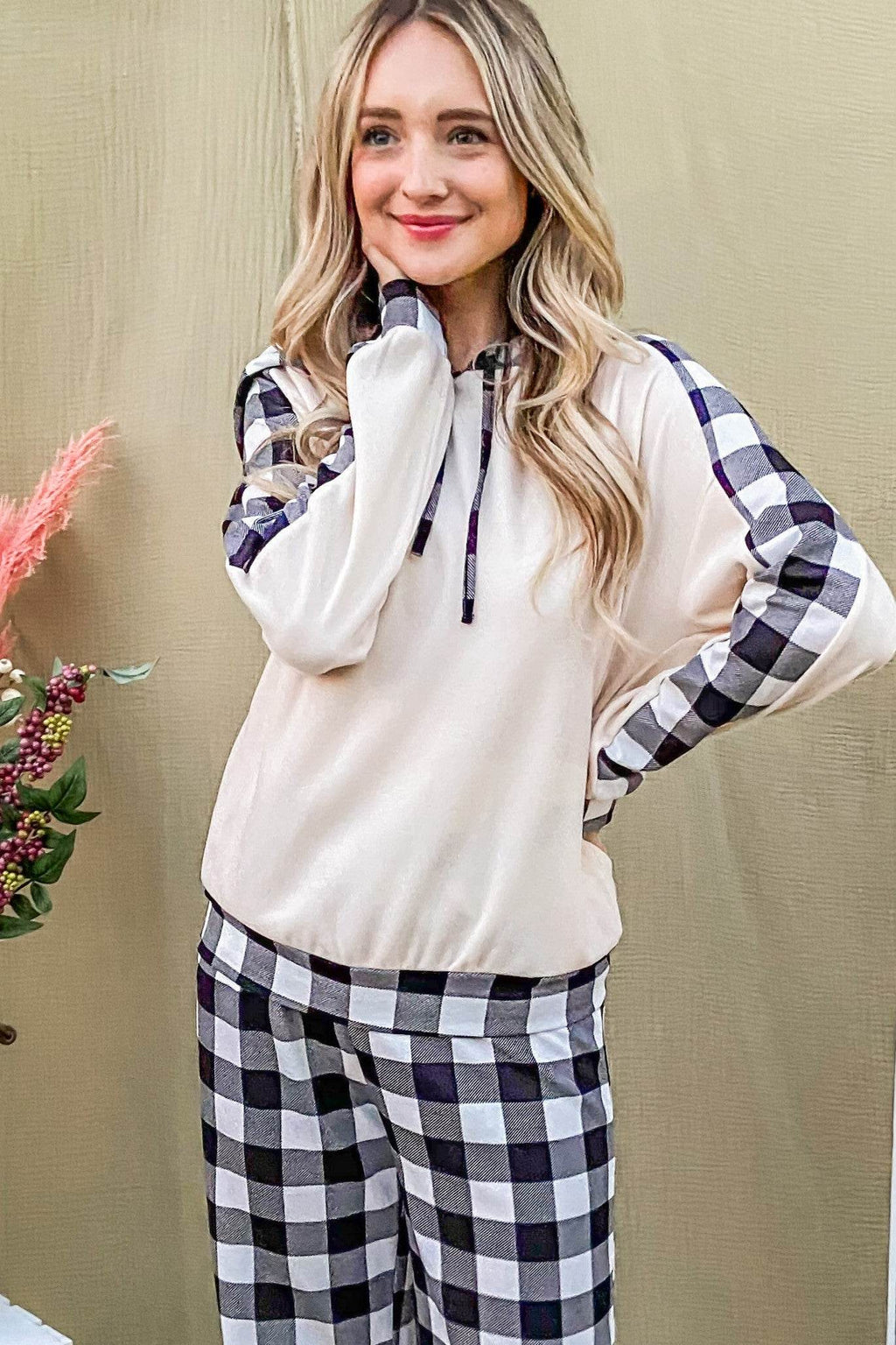 And The Why Drawstring Hooded Top and Plaid Pants Lounge Set - Delanoir