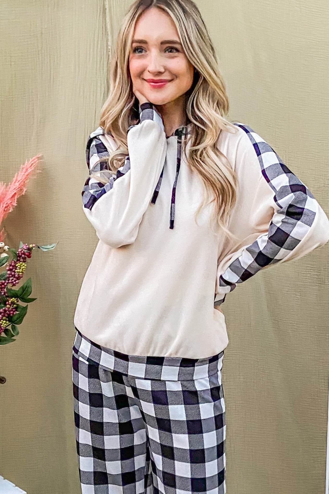 And The Why Drawstring Hooded Top and Plaid Pants Lounge Set - Delanoir