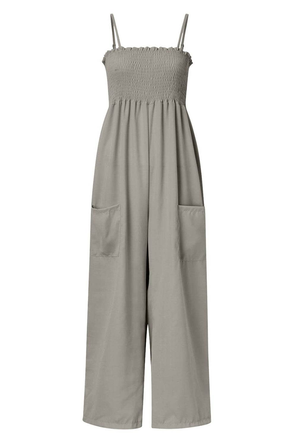 Smocked Spaghetti Strap Wide Leg Jumpsuit - Delanoir