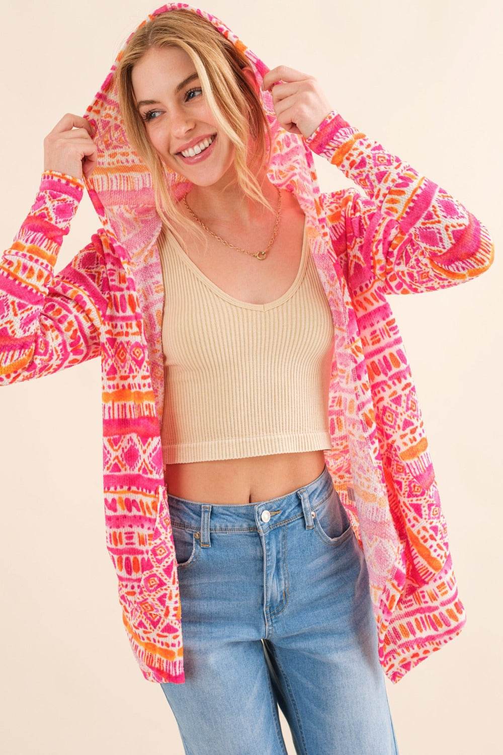 And The Why Full Size Printed Thermal Hooded Open Front Cardigan - Delanoir