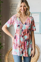 Heimish Full Size Floral V-Neck Short Sleeve Babydoll Blouse - Delanoir