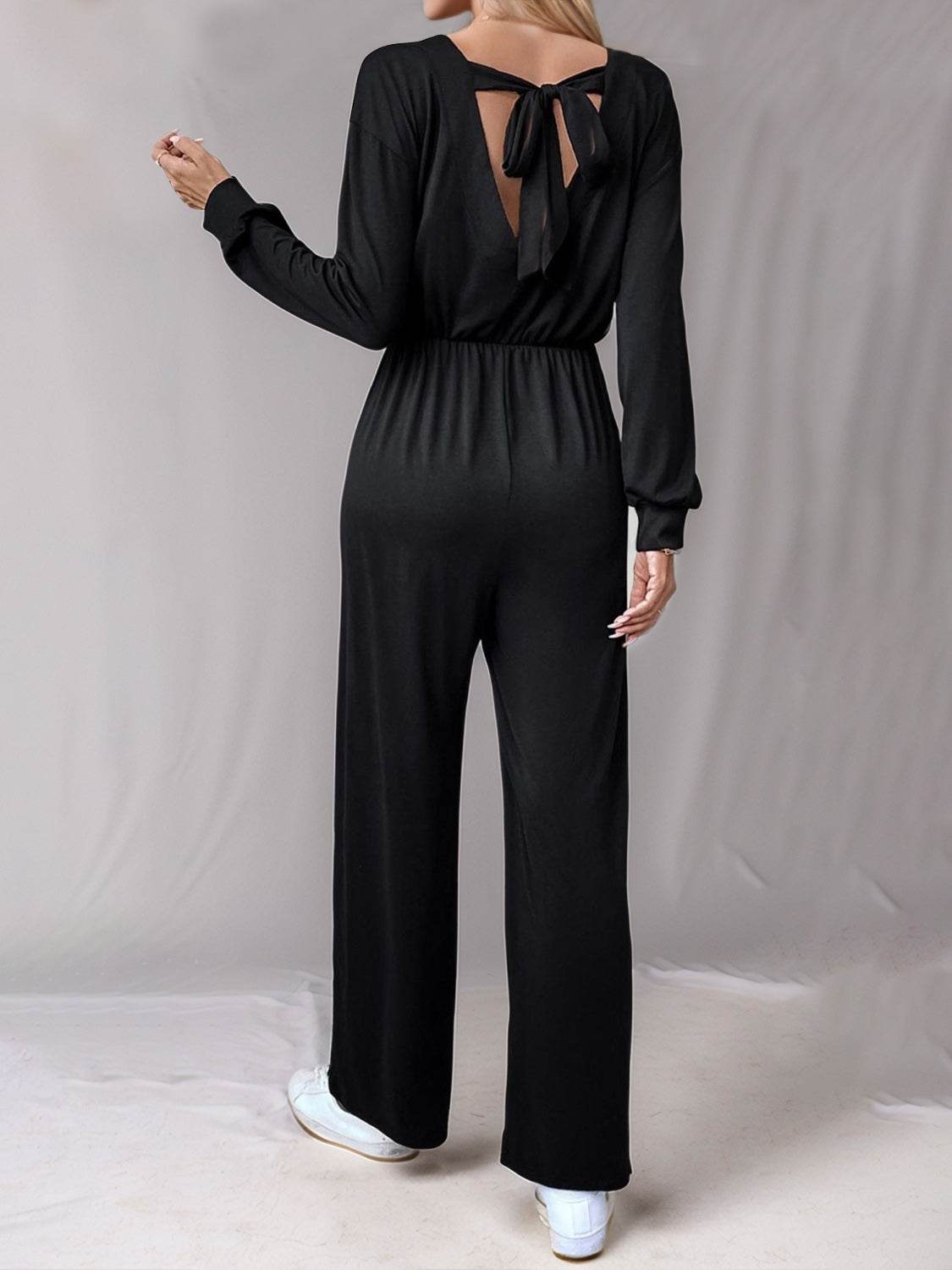 Tied Round Neck Wide Leg Jumpsuit - Delanoir