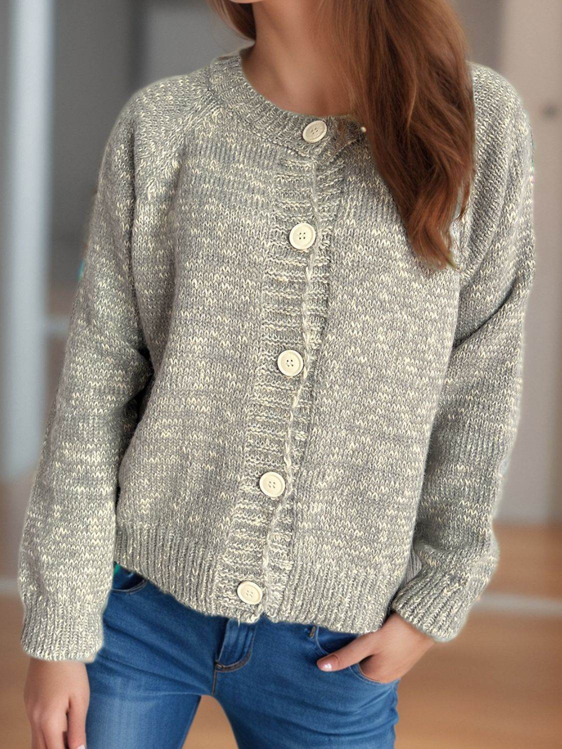 Heathered Button Down Long Sleeve Cardigan - Delanoir