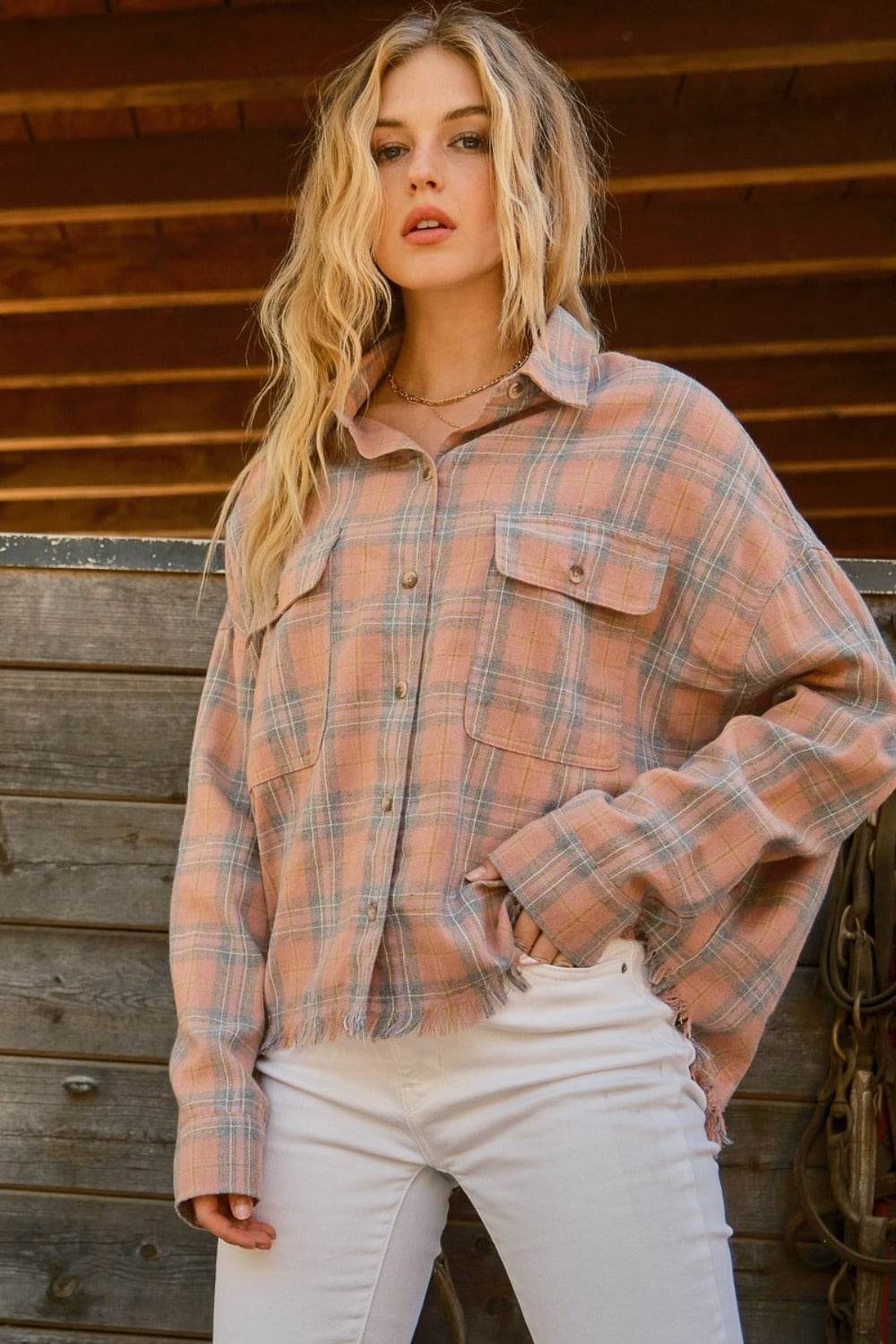 And The Why Full Size Plaid Button Up Raw Hem Shirt - Delanoir