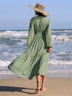 Embroidered Polka Dot Tie Neck Long Sleeve Midi Dress - Delanoir