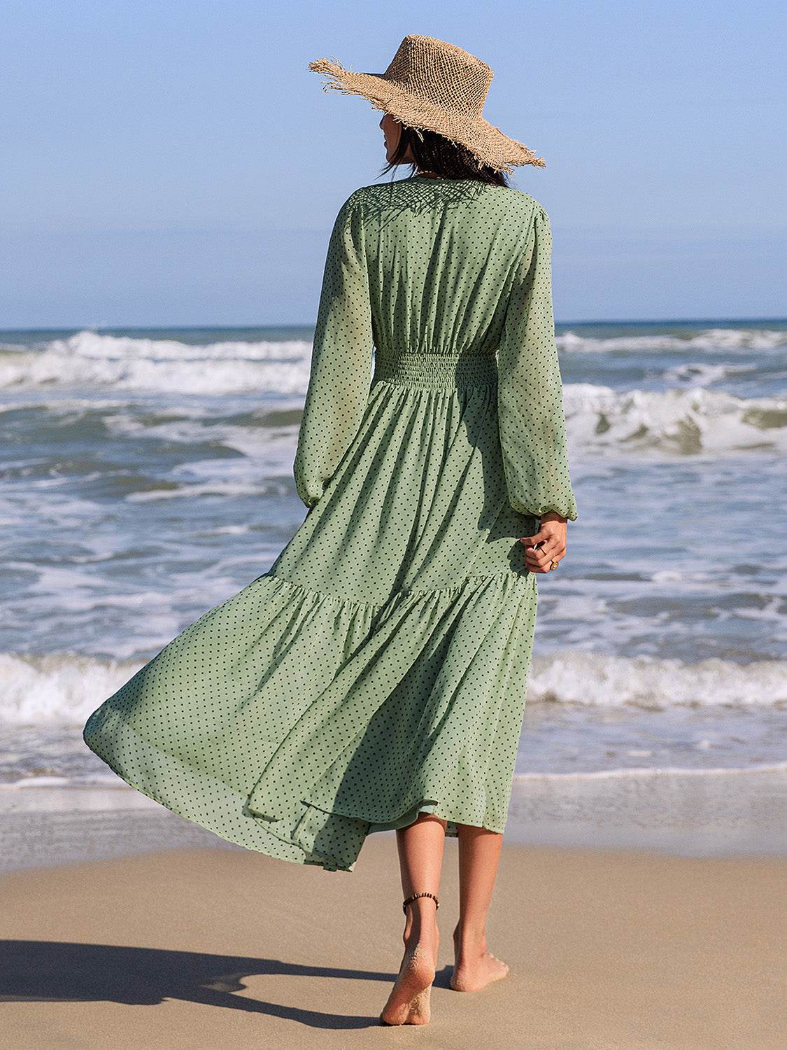 Embroidered Polka Dot Tie Neck Long Sleeve Midi Dress - Delanoir