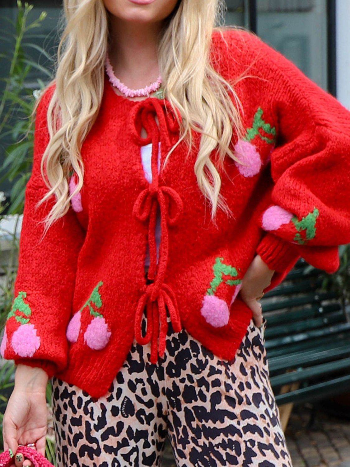 Tied Cherry Round Neck Long Sleeve Cardigan - Delanoir