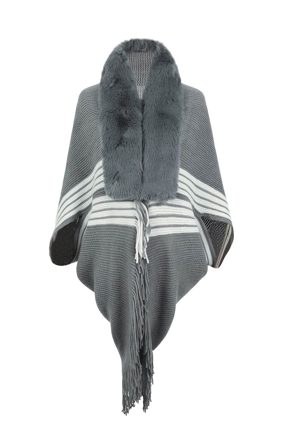 Striped Fringe Detail Long Sleeve Poncho - Delanoir