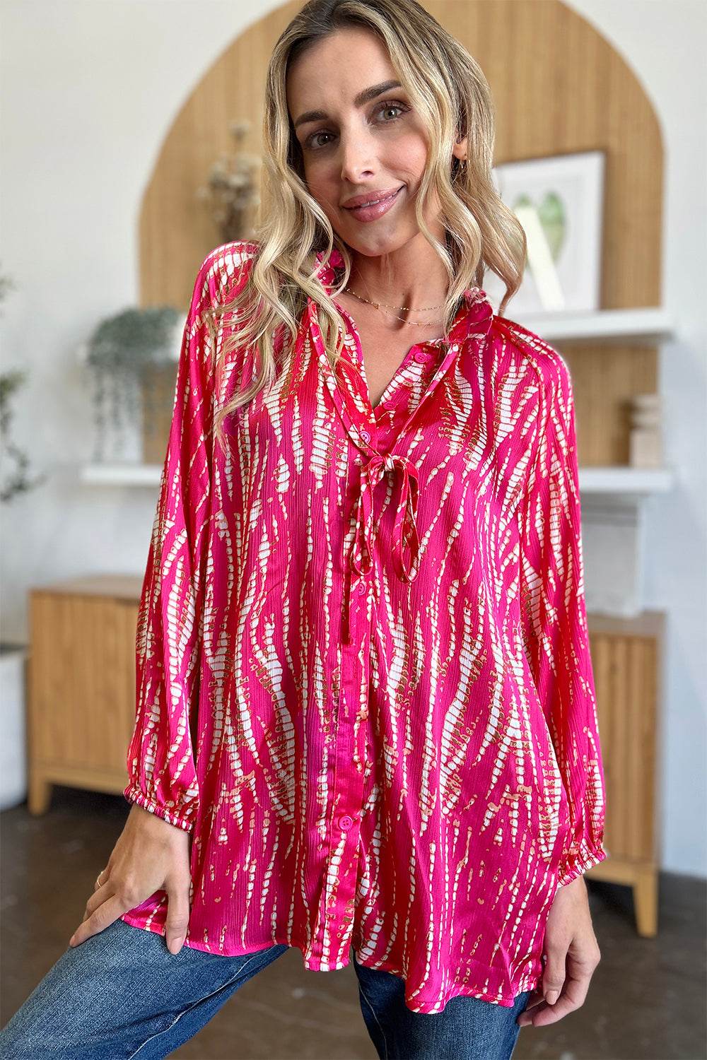 Double Take Full Size Printed Button Up Long Sleeve Shirt - Delanoir