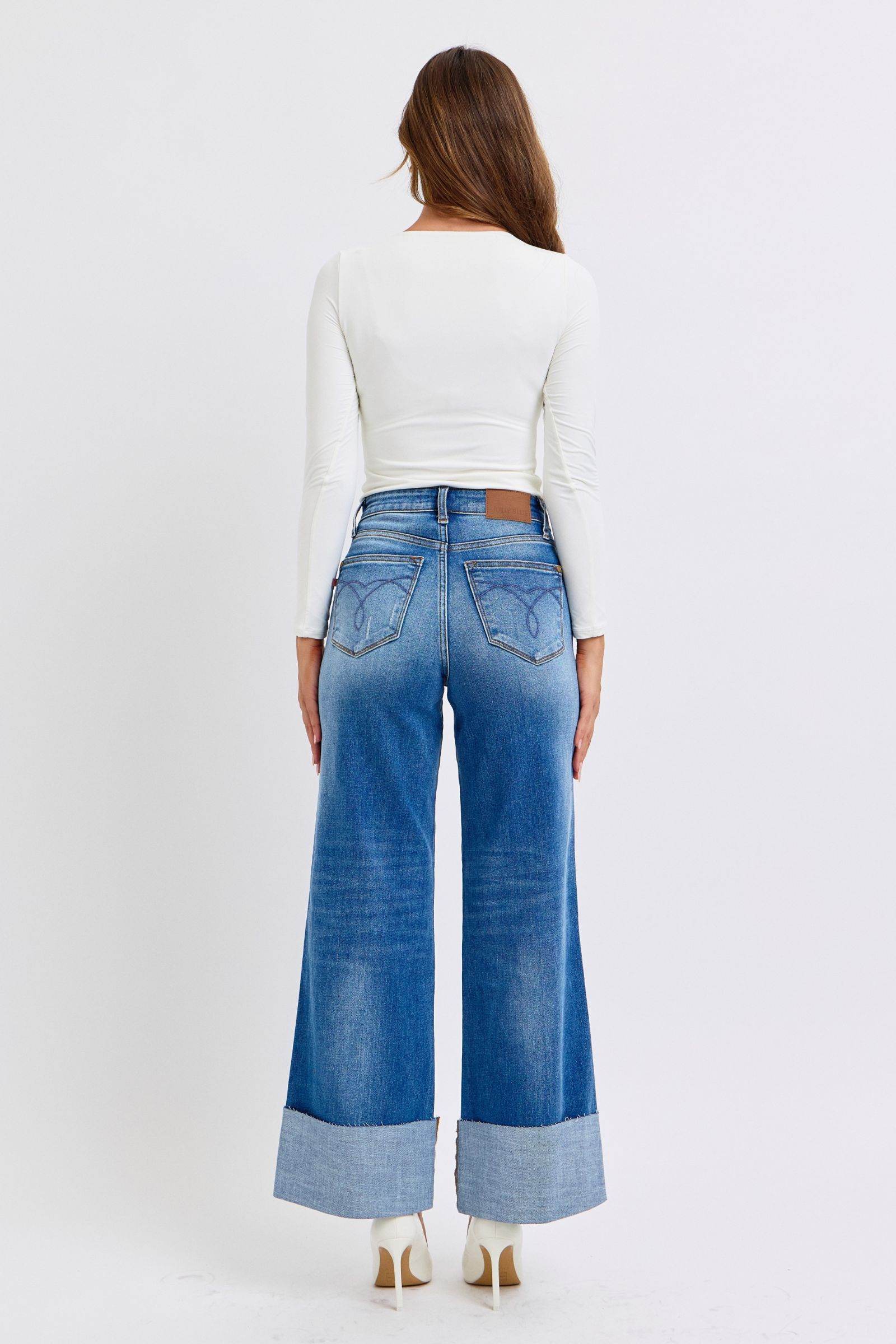 Judy Blue Full Size Distressed High Waist Wide Leg Jeans - Delanoir