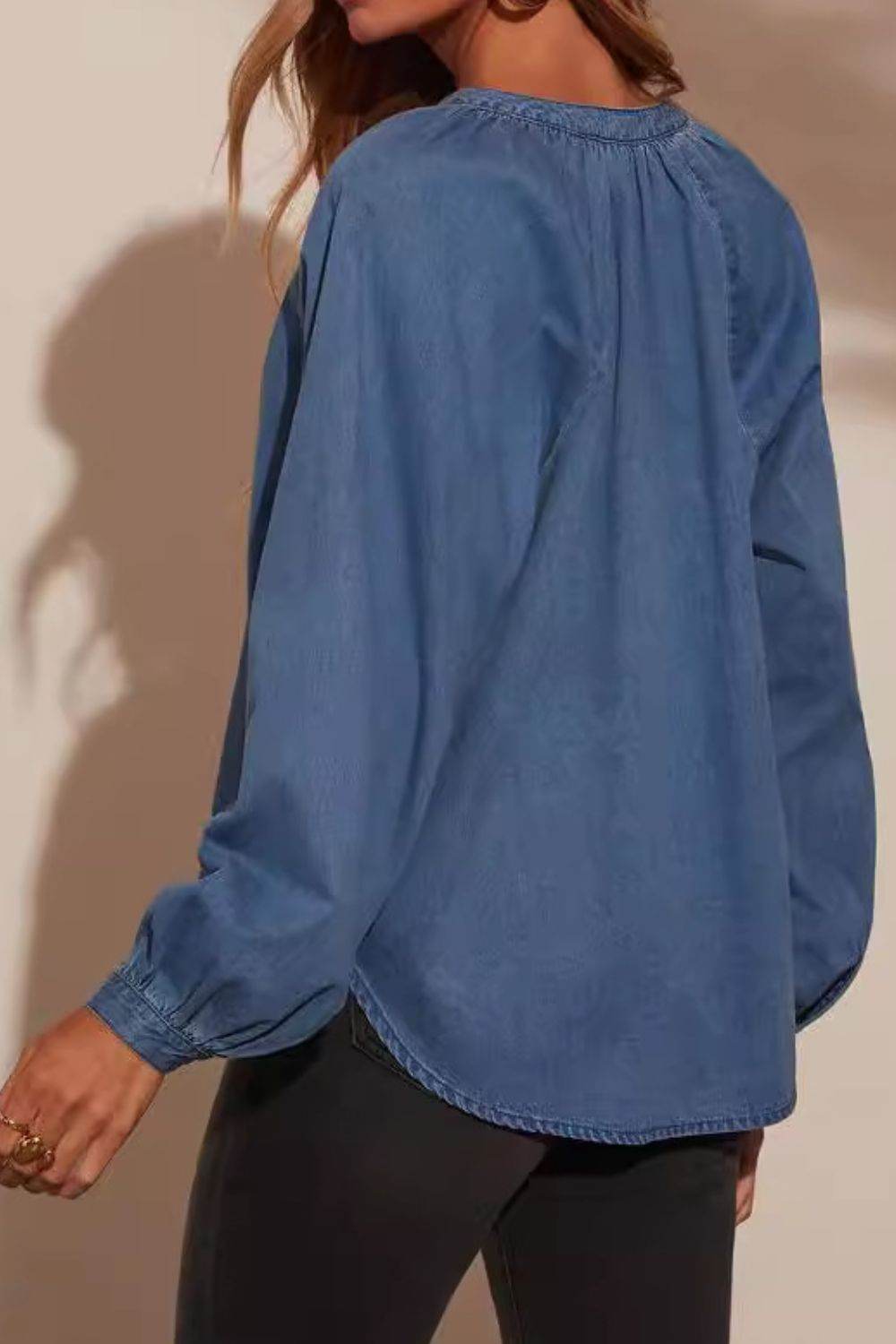 Plunge Button Up Long Sleeve Denim Top - Delanoir