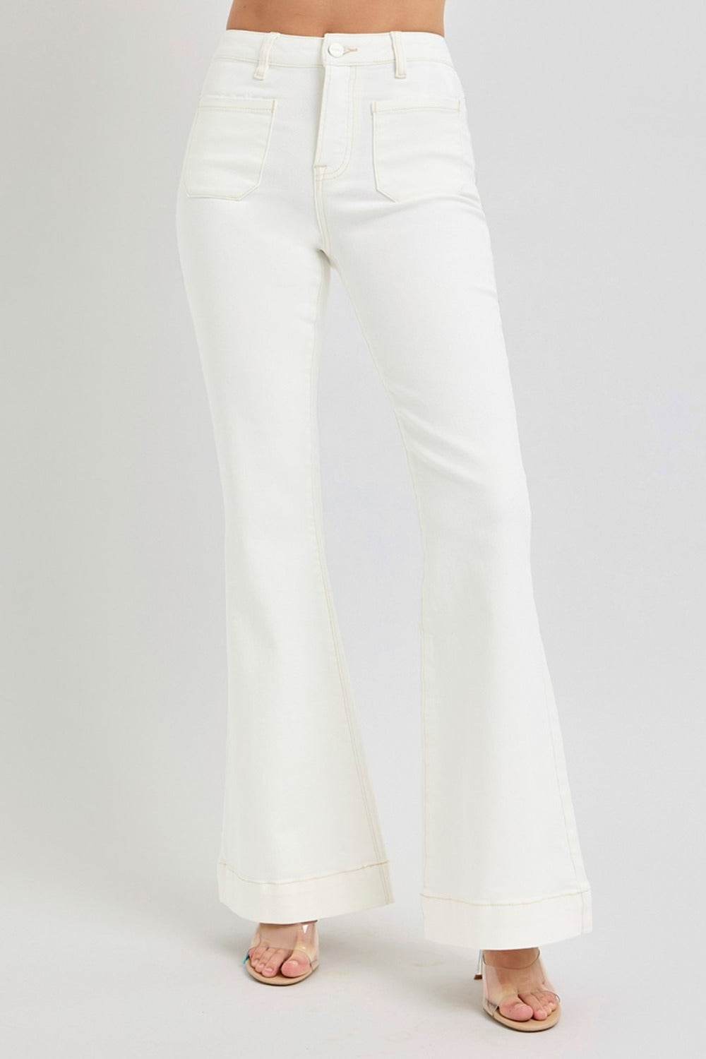 RISEN Full Size High Rise Front Patch Pocket Flare Jeans - Delanoir