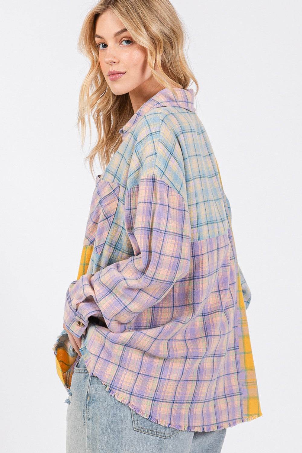 SAGE + FIG Button Up Raw Hem Plaid Flannel Shirt - Delanoir