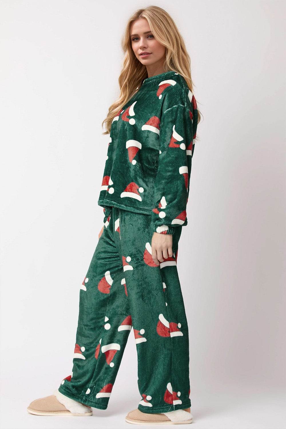 Christmas Hat Pattern Round Neck Long Sleeve Top and Pants Set - Delanoir