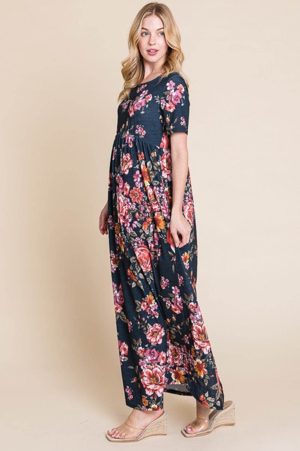 BOMBOM Floral Short Sleeve Maxi Dress - Delanoir