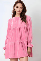 Tied Round Neck Flounce Sleeve Mini Dress - Delanoir