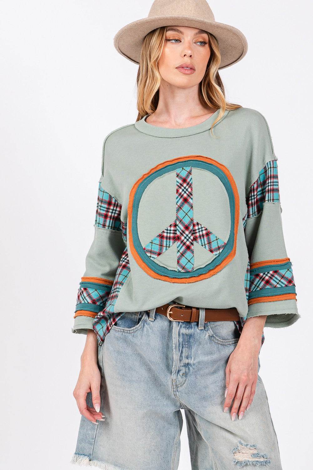 SAGE + FIG Peace Applique Patch Contrast Plaid Top - Delanoir