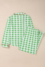 Plaid Collared Neck Long Sleeve Top and Pants Set - Delanoir