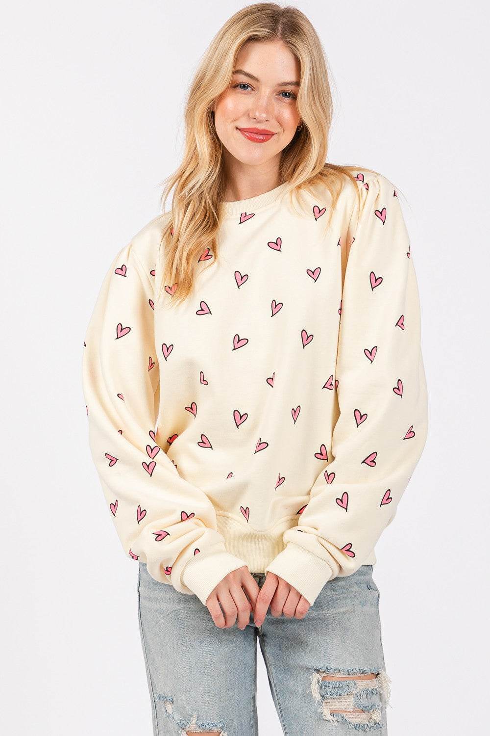 SAGE + FIG Heart Printed Contrast Long Sleeve Sweatshirt - Delanoir